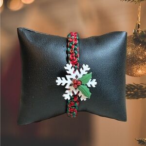 Holiday themed friendship adjustable bracelet; snowflake, holly, red and green
